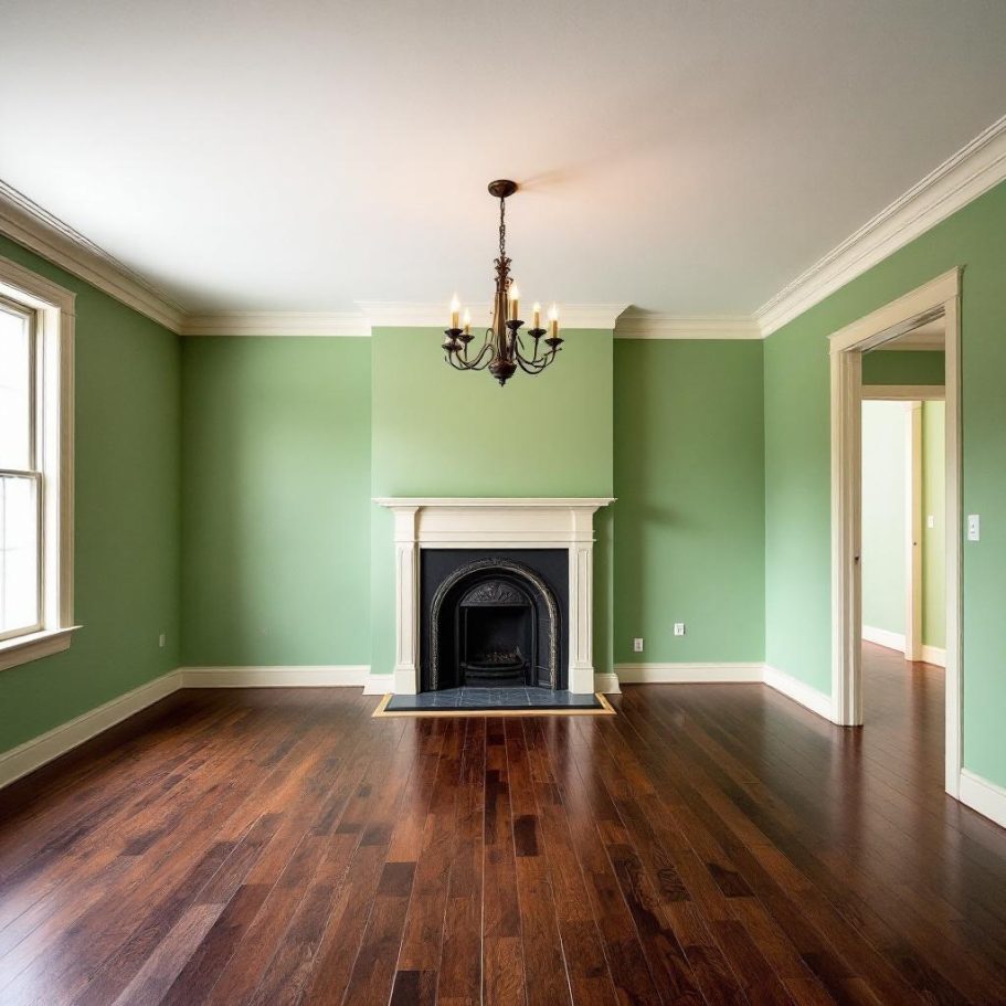 CHAFFA'S DFECP Nettoyage Salon lumineux avec murs verts, parquet en bois et cheminée noire. Lustre au plafond.