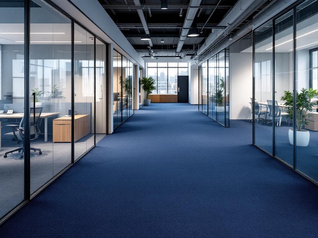 CHAFFA'S DFECP Nettoyage Un couloir d'un bureau moderne avec des parois en verre et des plantes vertes.